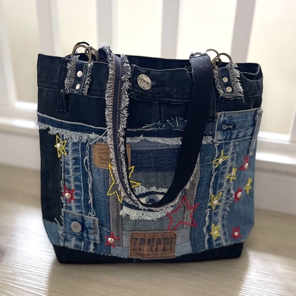Denim patchwork shoulder bag-tote bag upcycled jeans boho bag - Picture 11 of 16